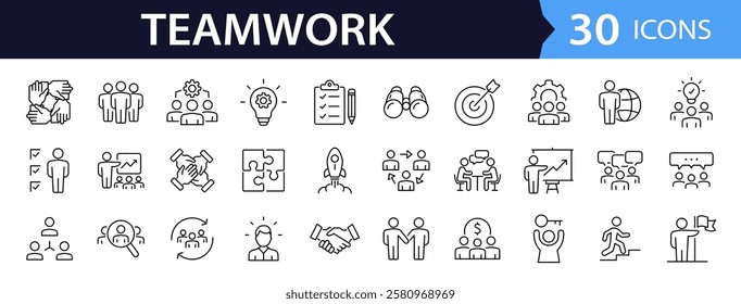 Team work set of web icons in line style. Teamwork and business cooperation icons for web and mobile app. Partnership, synergy, interaction, management, collaboration, meeting, workplace and more.