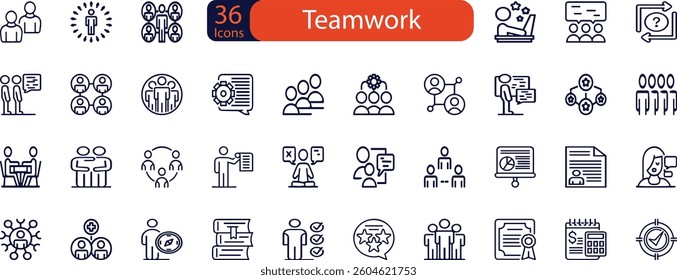 Team work set of web icons in line style. Teamwork and business cooperation icons for web and mobile app. Partnership, synergy, interaction, management, collaboration, meeting, workplace and more.