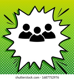Team work sign. Black Icon on white popart Splash at green background with white spots. Illustration.