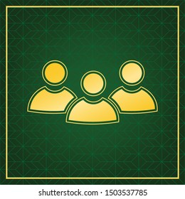 Team work sign. Golden icon with gold contour at dark green gridded white background. Illustration.
