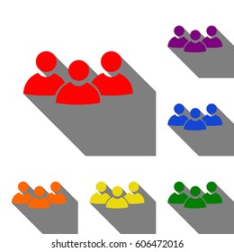 Team work sign. Set of red, orange, yellow, green, blue and violet icons at white background with flat shadow.