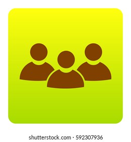 Team work sign. Vector. Brown icon at green-yellow gradient square with rounded corners on white background. Isolated.