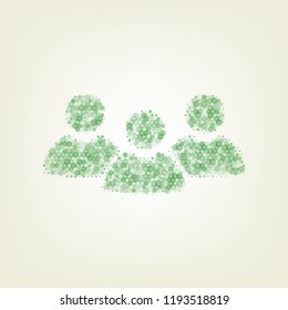 Team work sign. Vector. Green hexagon rastered icon and noised opacity and size at light green background with central light.