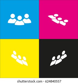 Team work sign. Vector. White icon with isometric projections on cyan, magenta, yellow and black backgrounds.