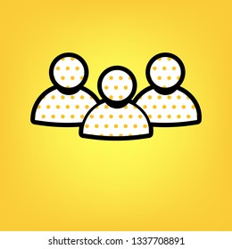 Team work sign. Vector. Yellow polka dot white icon with black contour at warm yellow background.