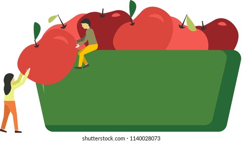 Team work of small people. Picking apples. Apples in the vase. Vector illustration.