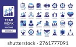 Team Work solid vector glyph icon set including task list, meeting table, work process, project lead, team unity, partnership heart, puzzle strategy, and organization chart icons.