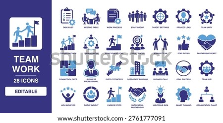 Team Work solid vector glyph icon set including task list, meeting table, work process, project lead, team unity, partnership heart, puzzle strategy, and organization chart icons.