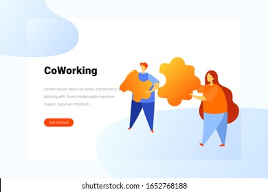 Team work Solution Flat vector illustration concept. Teamwork Coworking creative People man and woman put together puzzle pieces.