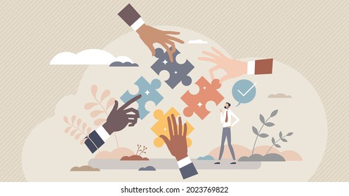 Team work solution and partnership puzzle work together tiny person concept. Businessman cooperation for common goal and target vector illustration. Match pieces to complete collaboration deal tasks.