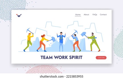 Team Work Spirit Concept Landing Page Template. Business Characters Ice Breaking Activity. Group Of People with Sledgehammer Break Large Ice Lump with Woman inside. Cartoon People Vector Illustration