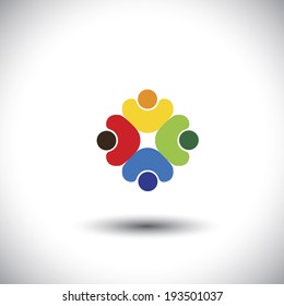 Team work and team spirit - concept vector graphic. This colorful illustration also represents people diversity & unity, workers union, children playing, kids together, friendship, integrity, oneness