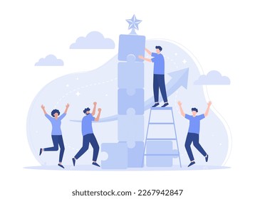 Team work successfully connect puzzle elements, jump happily. Symbol of teamwork, cooperation, partnership vector. Modern vector flat illustration