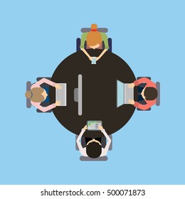 Team work at the table. Concept of brainstorming, making project , discussions. People with laptops. Seen from above.