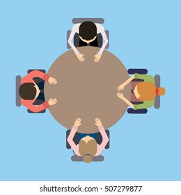 Team work at the table. Concept of brainstorming, making project , discussions. Seen from above.