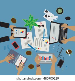 Team work table illustration, business meeting and brainstorming