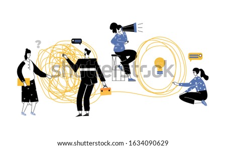 Team work, tangle tangled and unraveled. abstract metaphor, business problem solving concept. Flat style trendy illustration