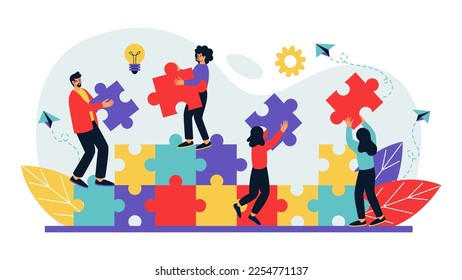 Team work, tiny people hold jigsaw puzzle, characters business professional challenge. Job teamwork, agency building connect, analytics and ideas. Vector cartoon tidy brainstorming concept