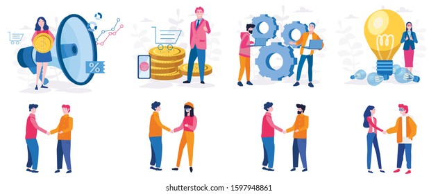 Team work together business concept. marketing, finance, e-commerce, startup, idea, handshake. Office concept business man and woman. Vector illustration for web banner, infographics, mobile.