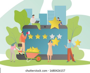 El equipo trabaja en conjunto para poner estrellas en la calificación de calidad, el concepto de éxito de marketing de la gente, la ilustración vectorial. Desarrollo y gestión de sitios web, resultado de publicidad en línea. Comentarios positivos de los clientes