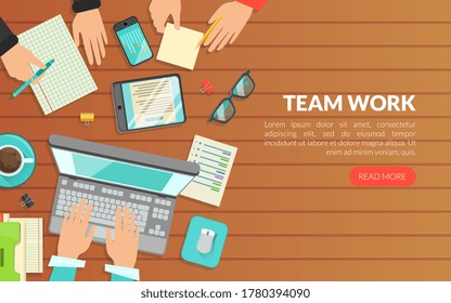 Team Work, Top View of Workplace and Working People, Brainstorming, Meeting, Conference Homepage, Website Flat Vector Illustration