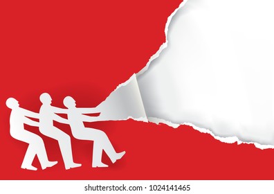 Team work torn paper background concept. 
Three male silhouettes ripping red paper background. Vector available.