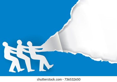 Team work torn paper concept. Three male silhouettes ripping paper background. Vector available.