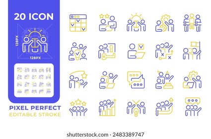 Team work two color line icons set. Coworkers interaction bicolor outline iconset isolated. Group work. Working together. Team members. Collective work. Duotone pictograms thin linear. Editable stroke