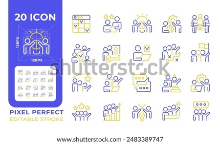 Team work two color line icons set. Coworkers interaction bicolor outline iconset isolated. Group work. Working together. Team members. Collective work. Duotone pictograms thin linear. Editable stroke
