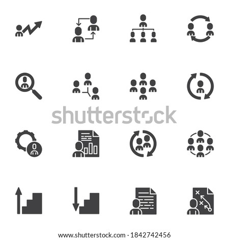 Team Work vector icons set, modern solid symbol collection, business people filled style pictogram pack. Signs logo illustration. Set includes icons as employee recruitment, teamwork, research, report
