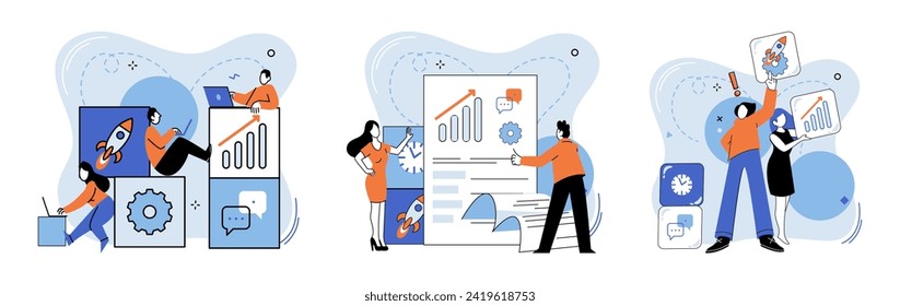 Ilustración vectorial de trabajo en equipo. Las ideas de negocio florecen a través de sesiones productivas de lluvia de ideas La planificación y la comunicación son vitales para ejecutar proyectos exitosos La innovación prospera en la innovación