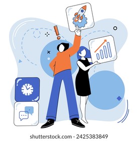 Ilustración vectorial de trabajo en equipo. La planificación estratégica de la empresa garantiza la ejecución eficiente del proyecto El trabajo en equipo y la colaboración eficaces impulsan la innovación en los negocios Los equipos colaboran