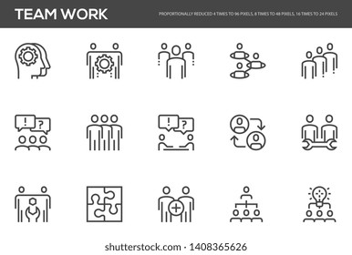 Team work vector line icons set. Cooperation, collaboration, team meeting. Editable stroke. Perfect pixel icons, such can be scaled to 24, 48, 96 pixels.