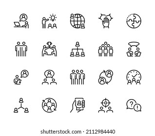 Team Work vector linear icons set. Teamwork in business management. Collaboration, research, meeting, organization and more. Isolated collection of teamwork icon for web sites on white background.   