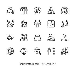 Conjunto de iconos lineales del vector de trabajo de equipo. Trabajo en equipo de negocios. Organización, reunión, colaboración, investigación y más. Colección aislada del icono de trabajo en equipo para sitios web sobre fondo blanco.