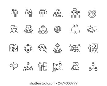 Team Work vector linear icons set .Teamwork in business management icon set. Social networking, people grub, and discussions lines icon set.