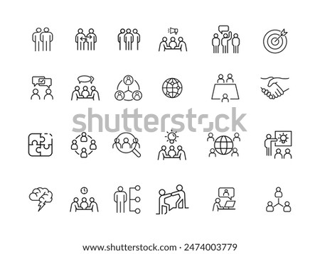 Team Work vector linear icons set .Teamwork in business management icon set. Social networking, people grub, and discussions lines icon set.