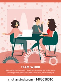 Team Work Vertical Banner with Business People Discussion, Relaxed Characters Team Sitting in Office Desk with Laptop and Communicating Working Project Development. Cartoon Flat Vector Illustration