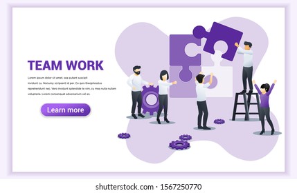 Team work web banner concept. people together connecting piece jigsaw puzzle. business leadership, partnership, team metaphor. Flat vector illustration