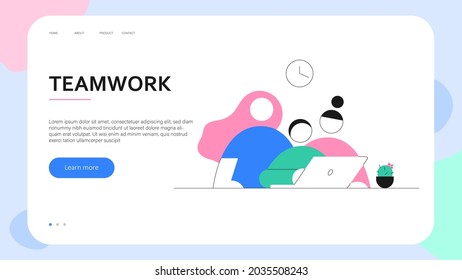 Team work web concept. Web UI element for a business site homepage, people work together at the computer solving various problems. Vector illustration.