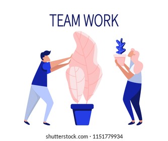 Team work. Web page design template. Modern flat illustration, concept for website, mockup. Man and girl are working together like business partners