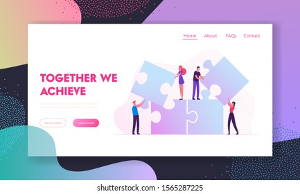 Team Work Website Landing Page. People Connecting Puzzle Elements Set Up Huge Jigsaw Construction. Teamwork Cooperation, Partnership in Business Web Page Banner. Cartoon Flat Vector Illustration