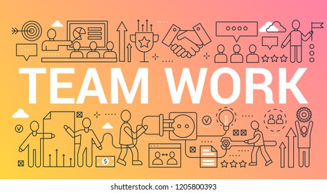 Team work word trendy composition concept banner. Outline stroke teamwork, creative group, leadership, community office. Flat line icons lettering typography.