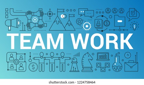 Team work word trendy composition concept banner. Outline stroke office, coworking, brainstorming vector illustration.
