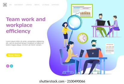 Konzept für Teamarbeit und Arbeitsplatzeffizienz. Business Website-Landing-Page Vorlage flach Stil. Mitarbeiter brainstorming, Diskussion der Geschäftsentwicklung. Kollegen, die zusammenarbeiten, Teambildung