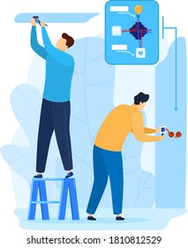 Trabajador de equipo para el mantenimiento de la electricidad, elocuente profesional reparación de cable eléctrico, ilustración vectorial. Servicio de ingeniería, alambre de energía en construcción. Trabajo de instalación de voltaje.