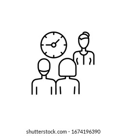 Equipo, trabajador, tiempo, icono de reloj. Línea simple, esquema vectorial elementos de trabajo en equipo para ui y ux, sitio web o aplicación móvil