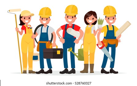 Team of workers are building a house. Foreman, painter, electrician, landscaper, carpenter. Vector illustration in  flat style