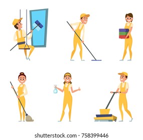 Team workers of cleaning service. Set of different characters in special clothing. Service cleaner people team in uniform illustration