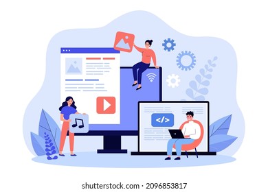 Equipo de trabajadores creando sitio web y agregando fotos y música. Pequeña ilustración vectorial plana de los creadores de contenido. Marketing, medios sociales, concepto de trabajo en equipo para banner, diseño de sitios web o página web de aterrizaje